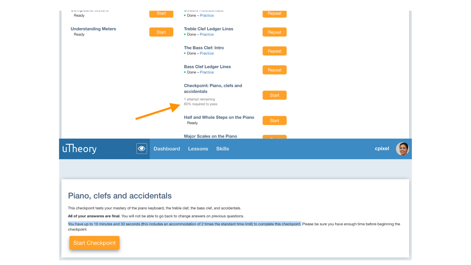 Image of checkpoint notifications of accommodations from the student's view