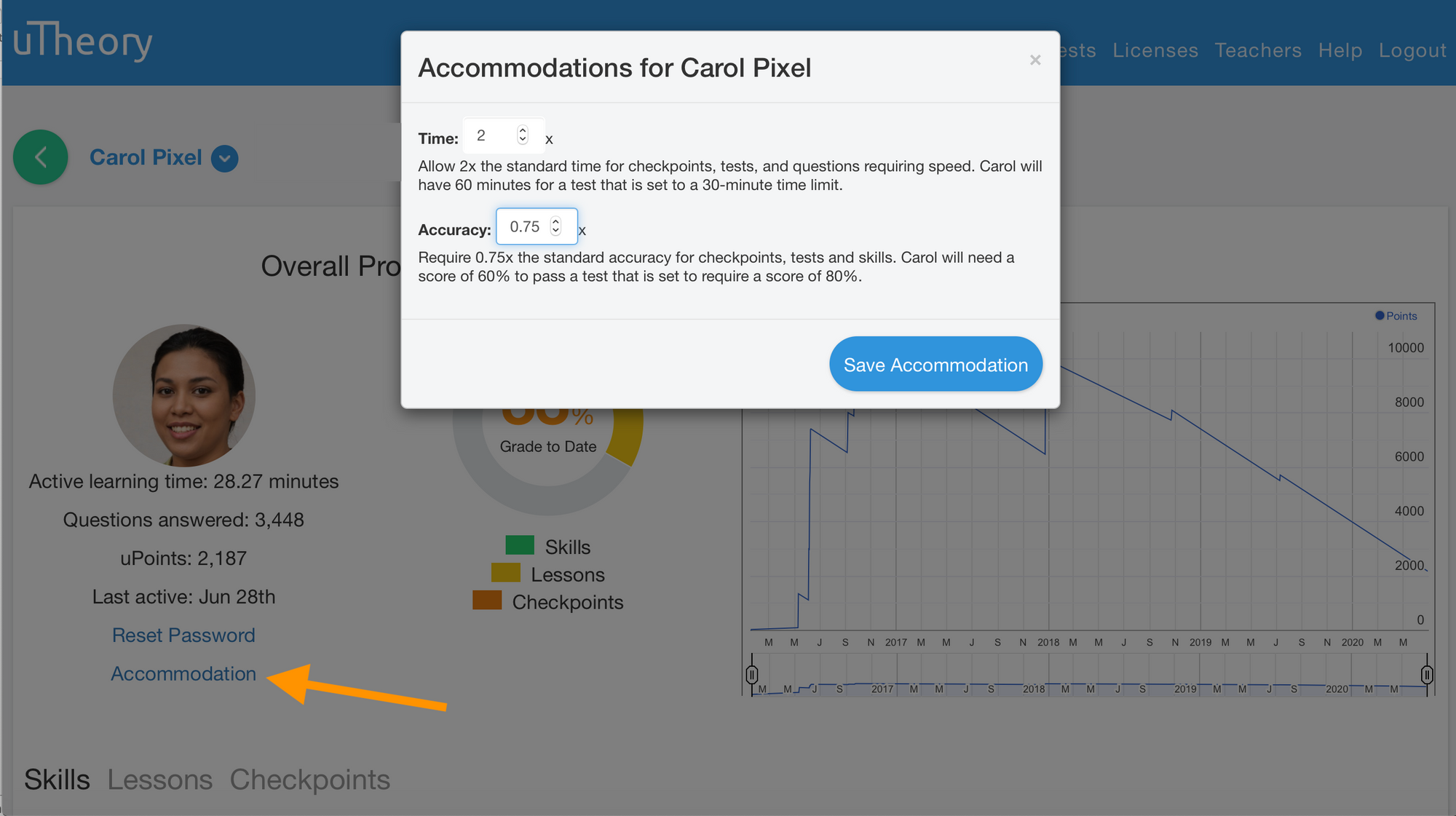 Image of accommodations settings for individual student