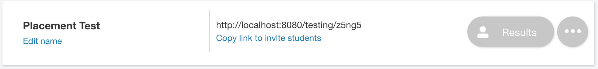 List of tests showing option to copy a link to invite students to take the test.