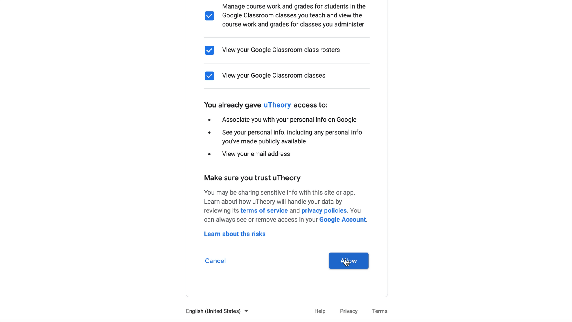 Image of allowing uTheory to access Google Classroom.