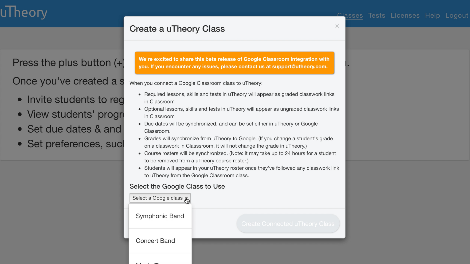 Image of selecting your Google Class to add to uTheory.