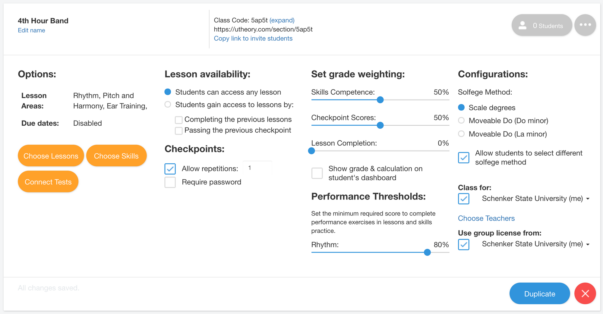 Image of Class Settings in the uTheory Teach Tab