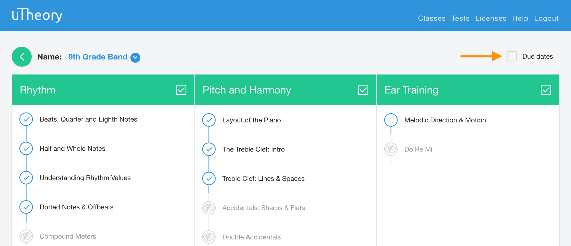 Image of enabling due dates in Choose Lessons