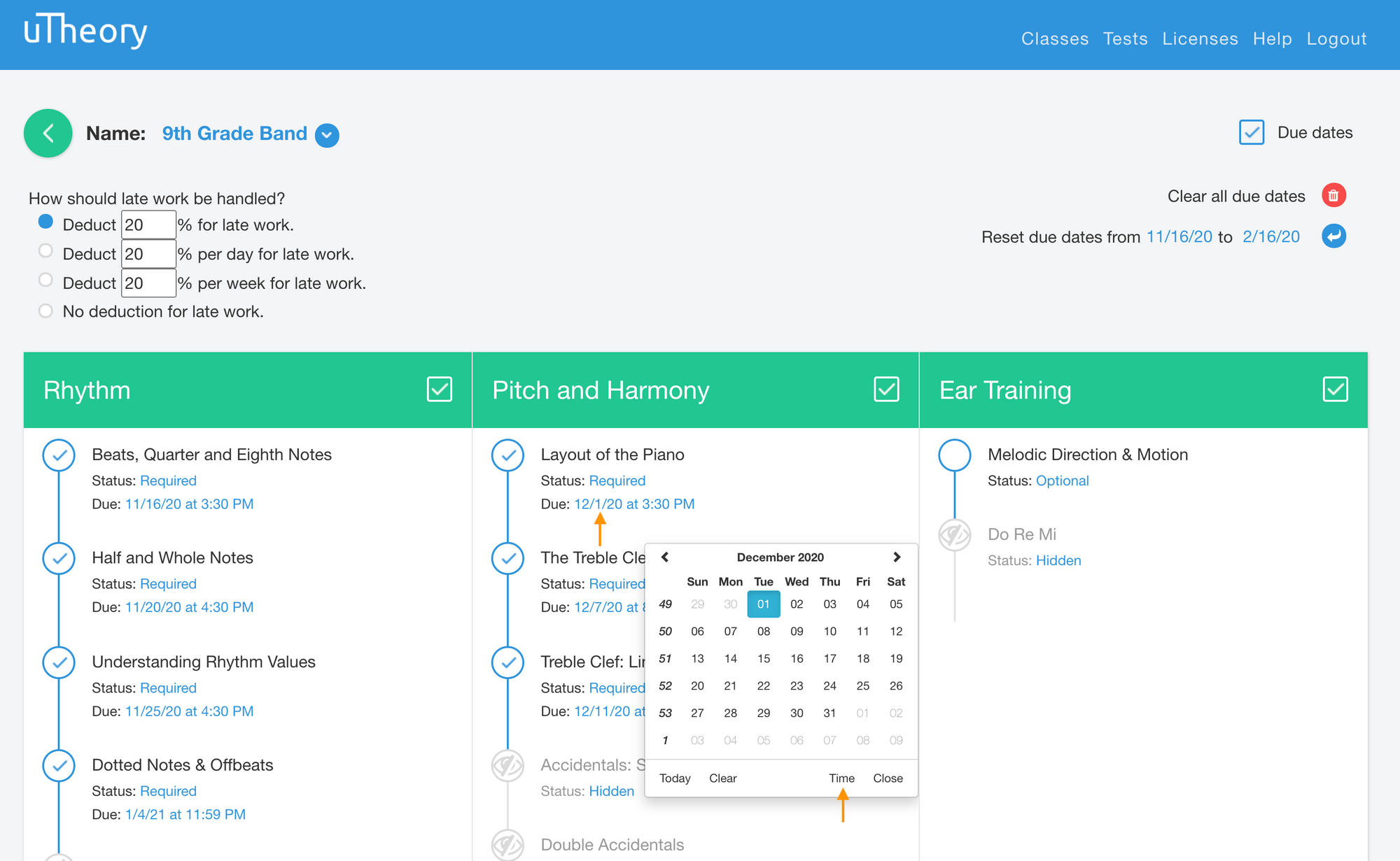 Image of options for handling late work and setting due dates