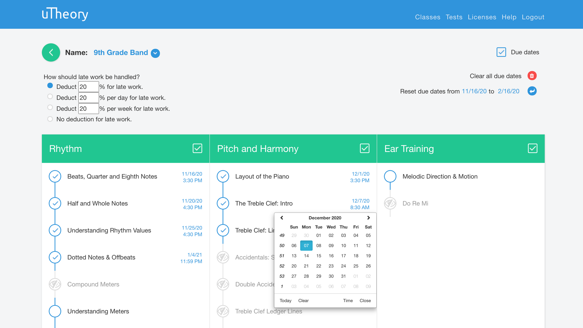 Image of options for handling late work and setting due dates