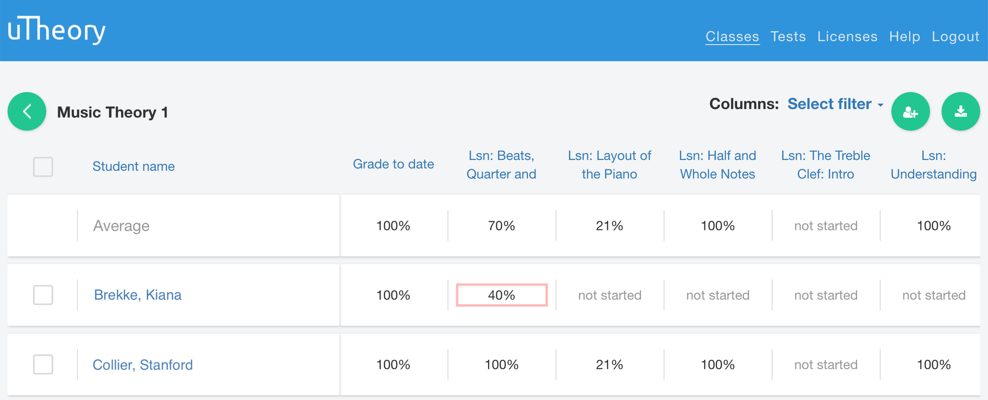 Image of grade spreadsheet with late work highlighted