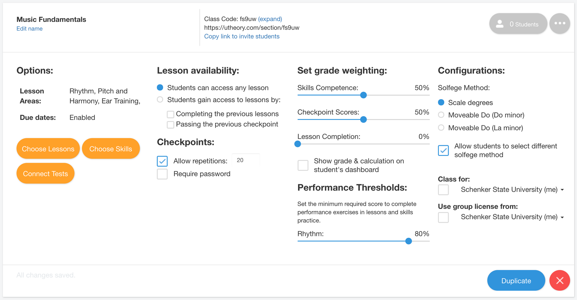 Image of class settings panel