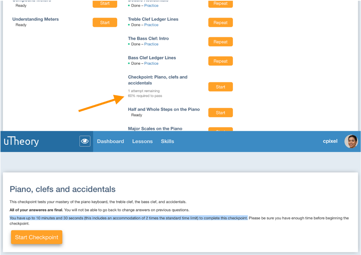 Checkpoint notifications of accommodations - student view