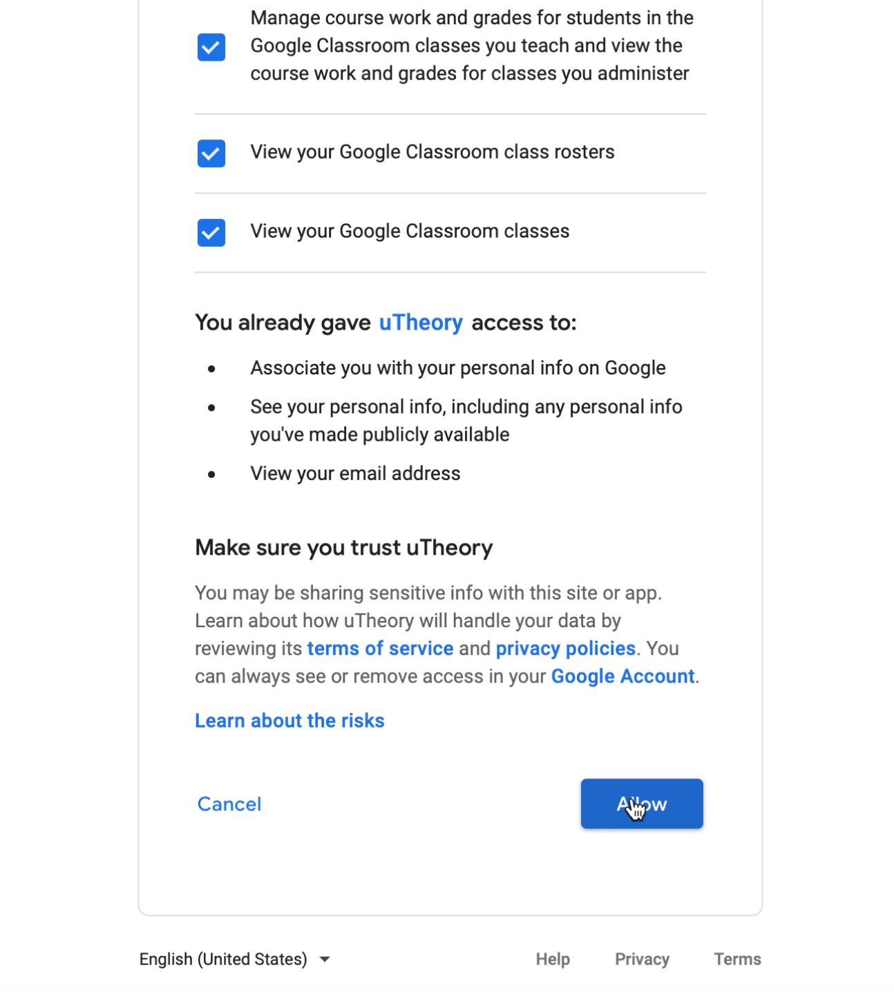 Allow uTheory to access your Google Classroom