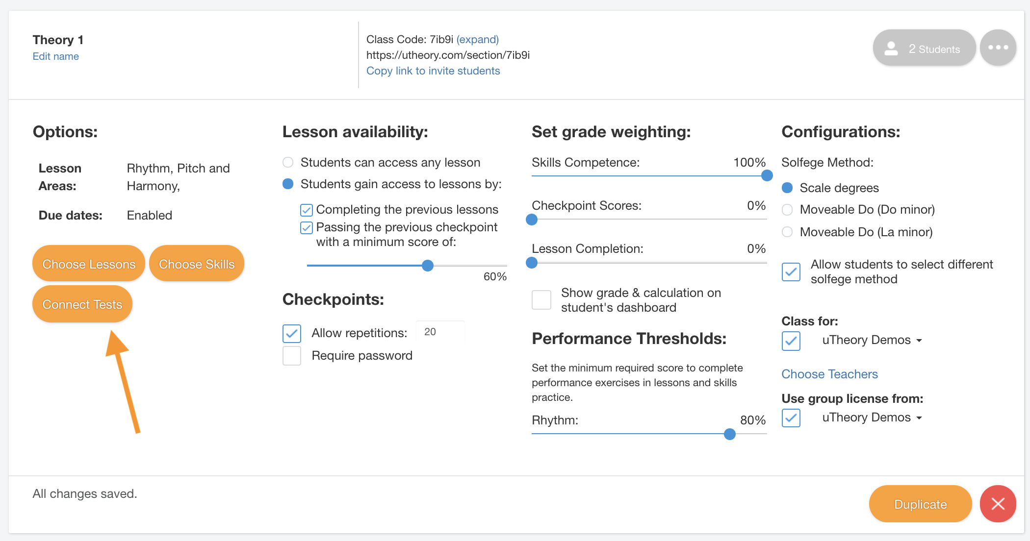 Connecting tests in the class settings.