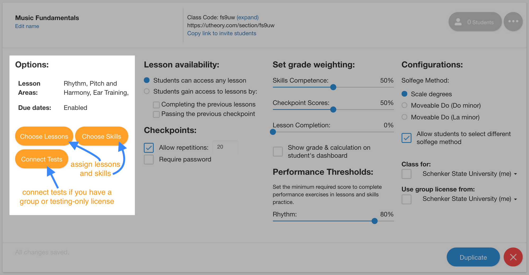 assign lessons, skills and tests