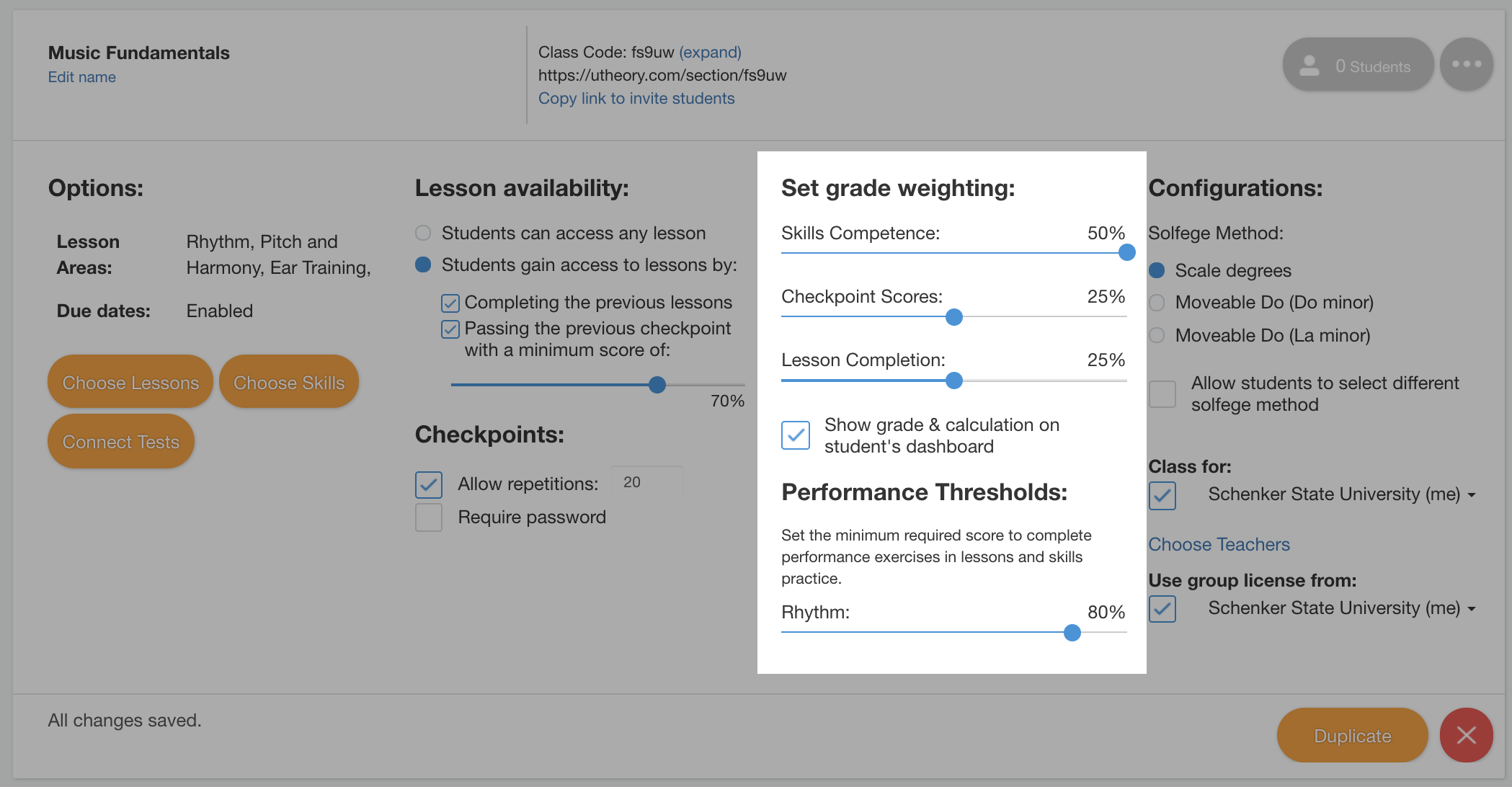 grade weighting and performance threshold options