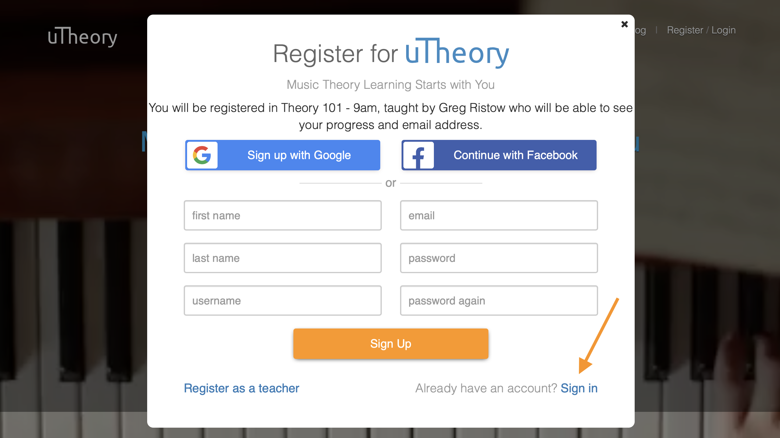 Register or sign in to uTheory screen
