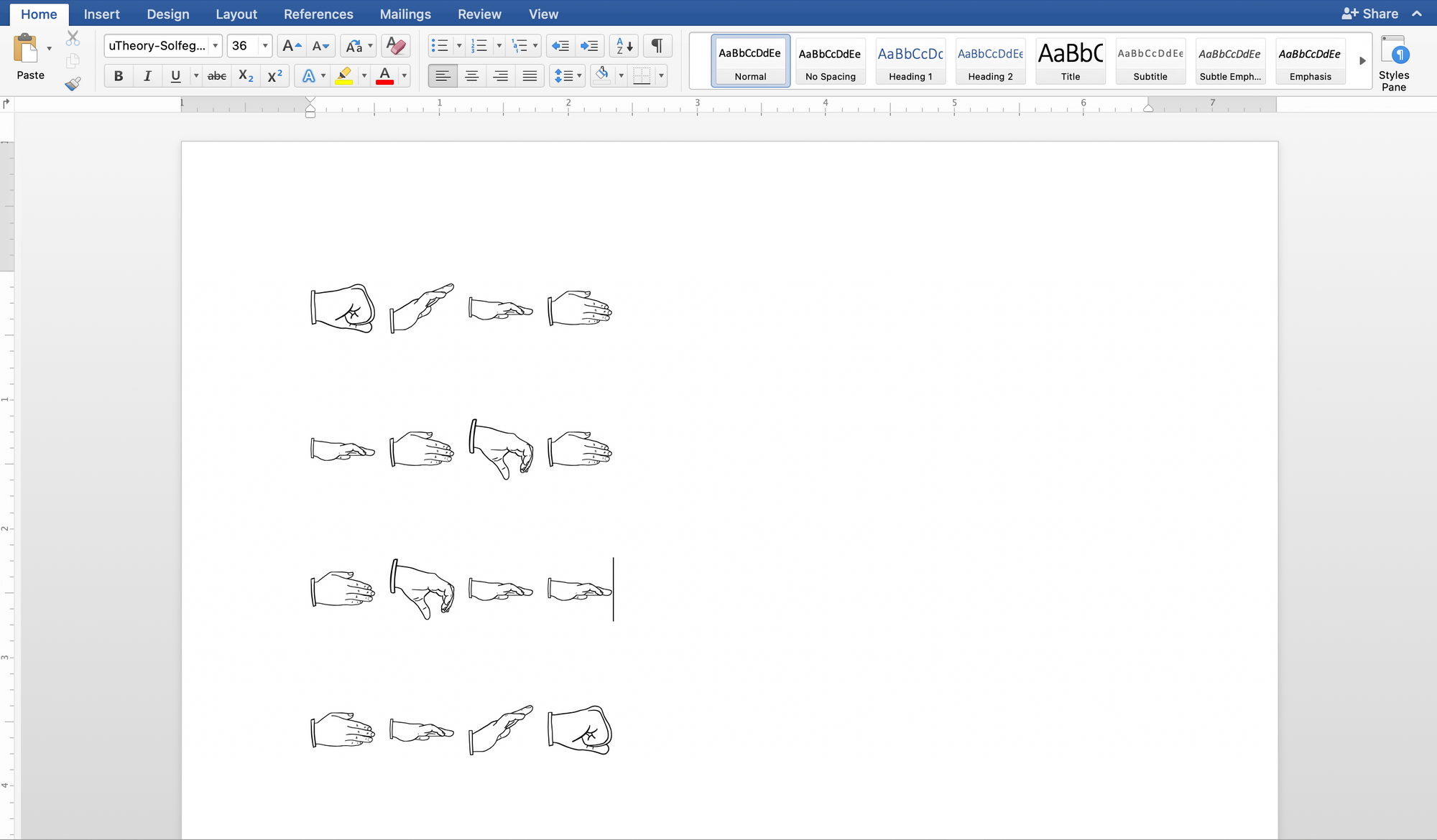 Image of using uTheory's solfege hand sign font to write out melodies in a word processor