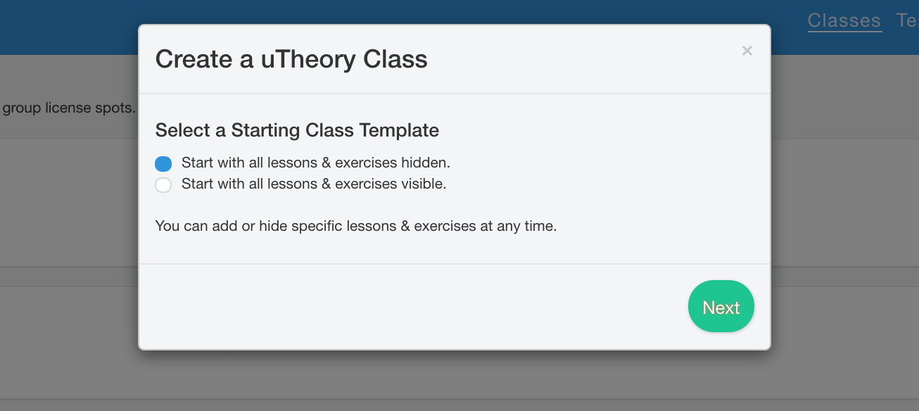 Image of uTheory class template, with options to start with all lessons and exercises hidden or visible.