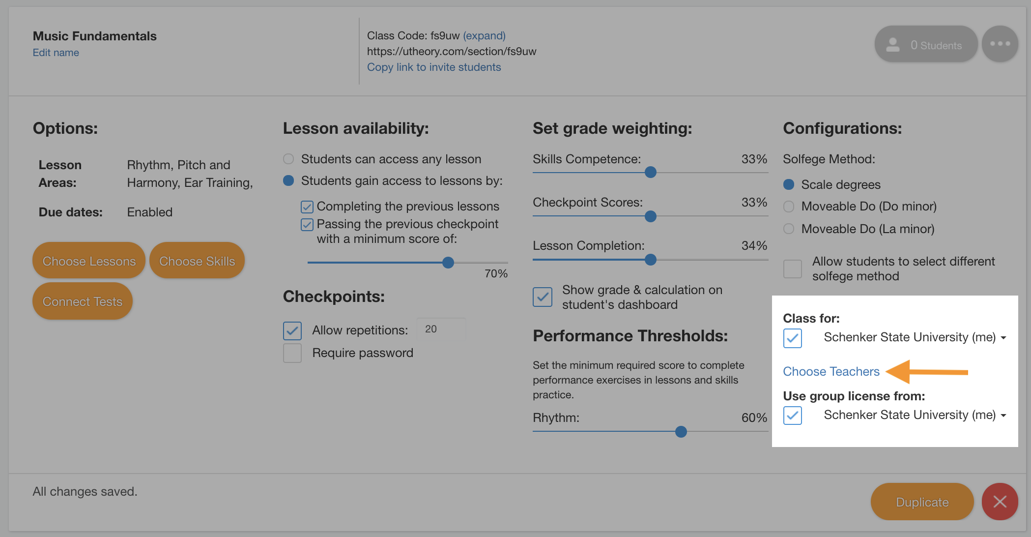 image that highlights the "choose teachers" link for adding TAs to a class in uTheory