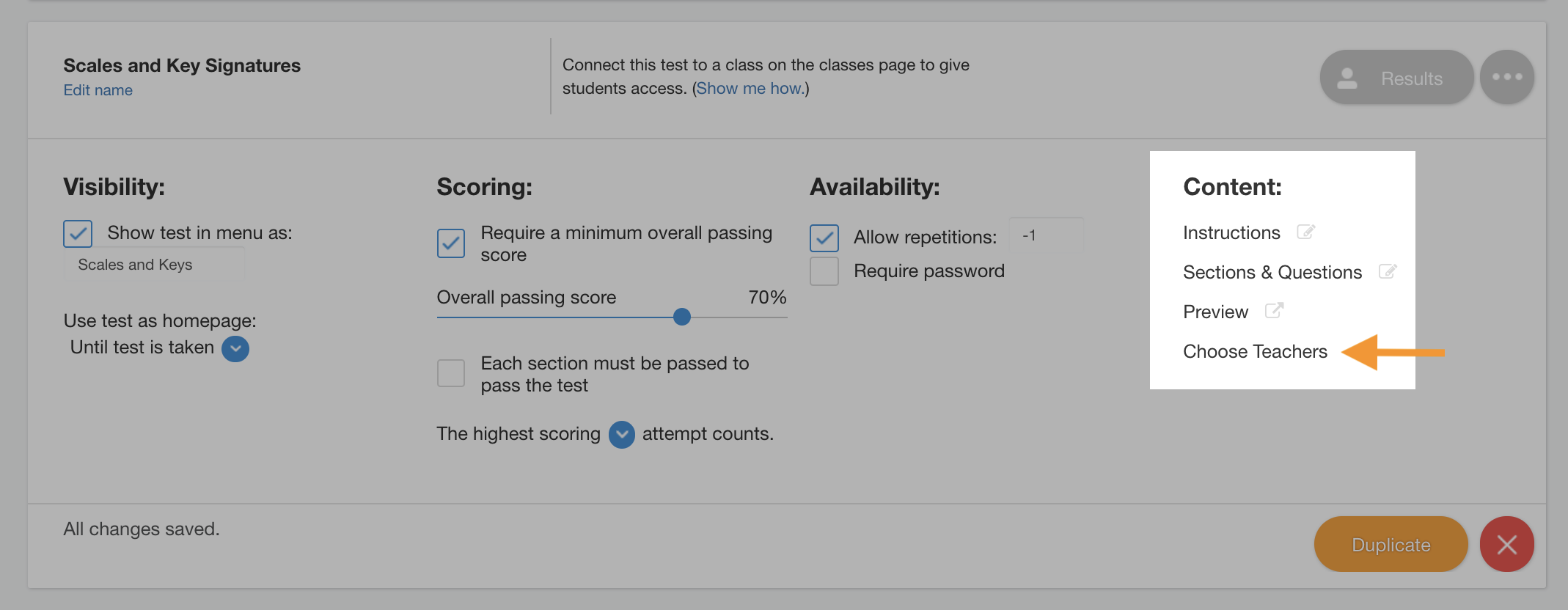 image that highlights the "choose teachers" link for adding TAs to a test in uTheory