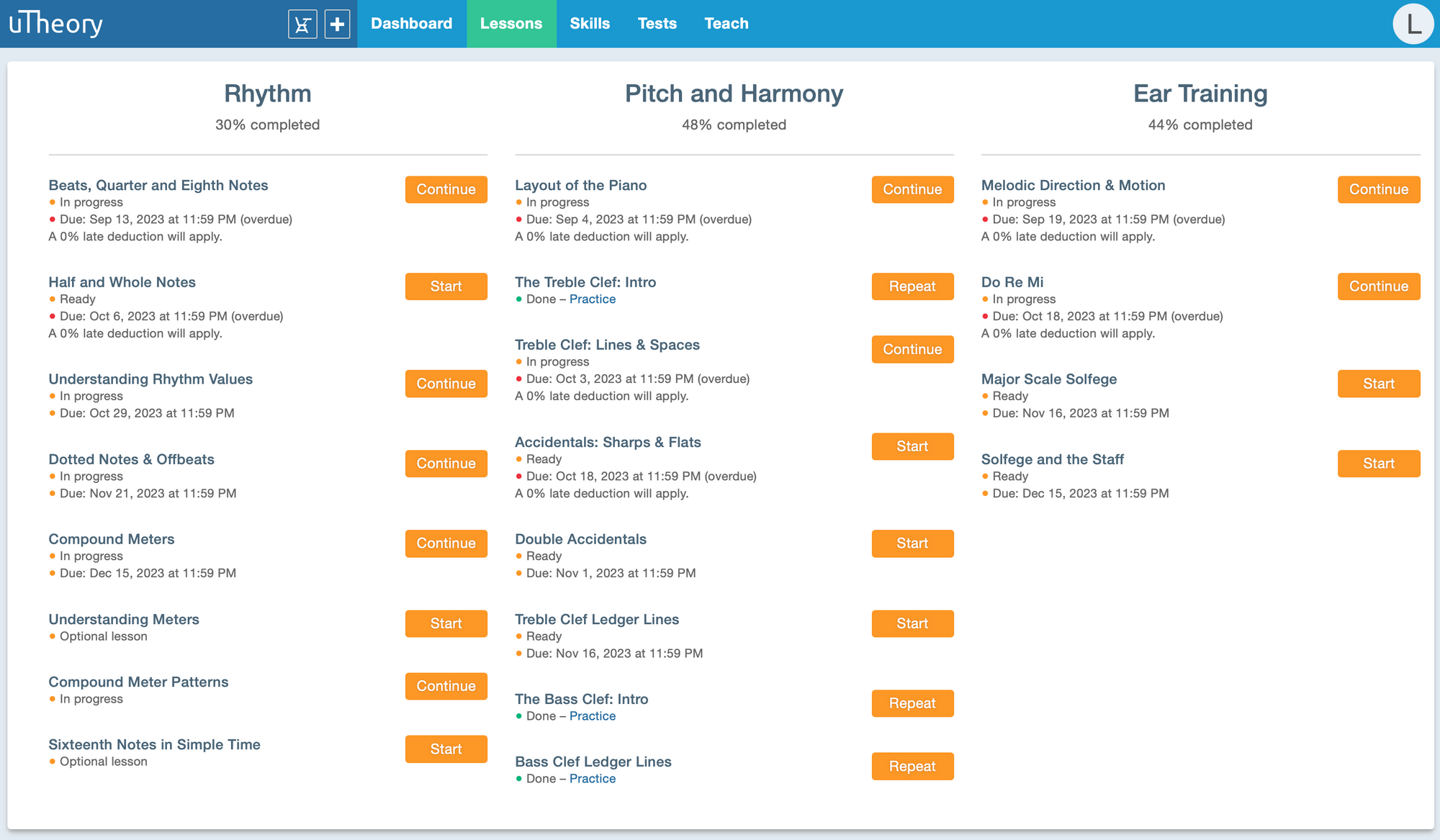 image that demonstrates lesson due dates listed under each lesson title