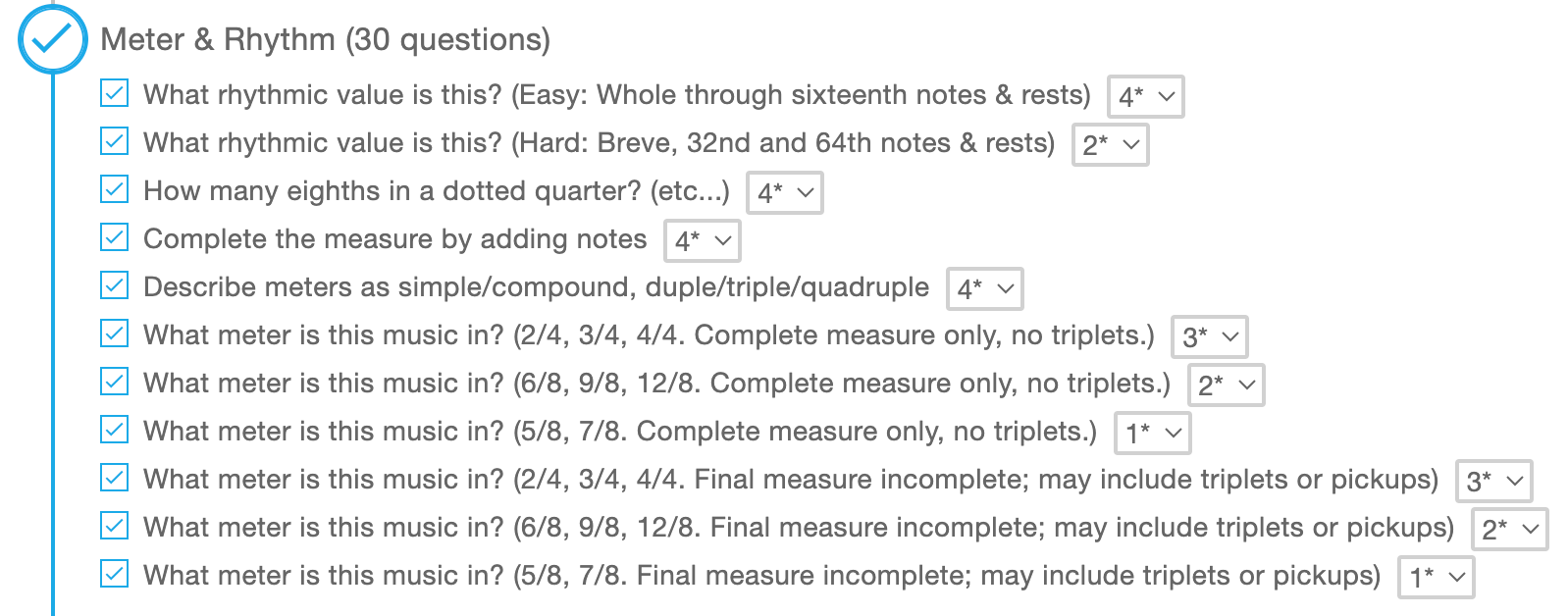 Image showing new question categories for meter & rhythm test section