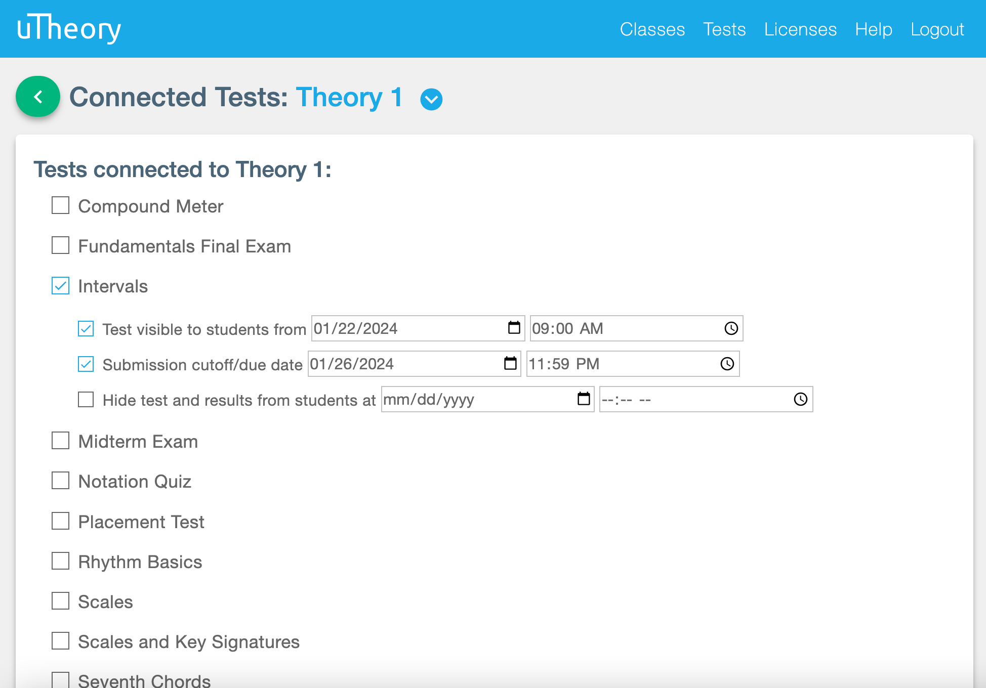 Imaging showing how to connect tests in the class settings with optional test visibility dates and due dates.