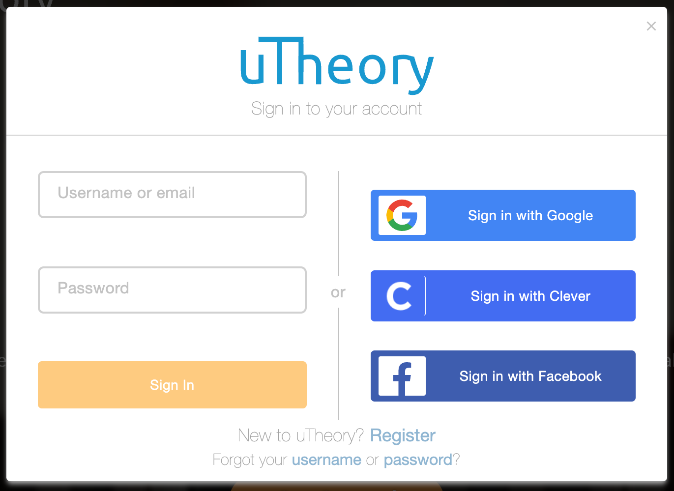 Image of uTheory sign in screen, with buttons to sign in with Google, Clever, and Facebook