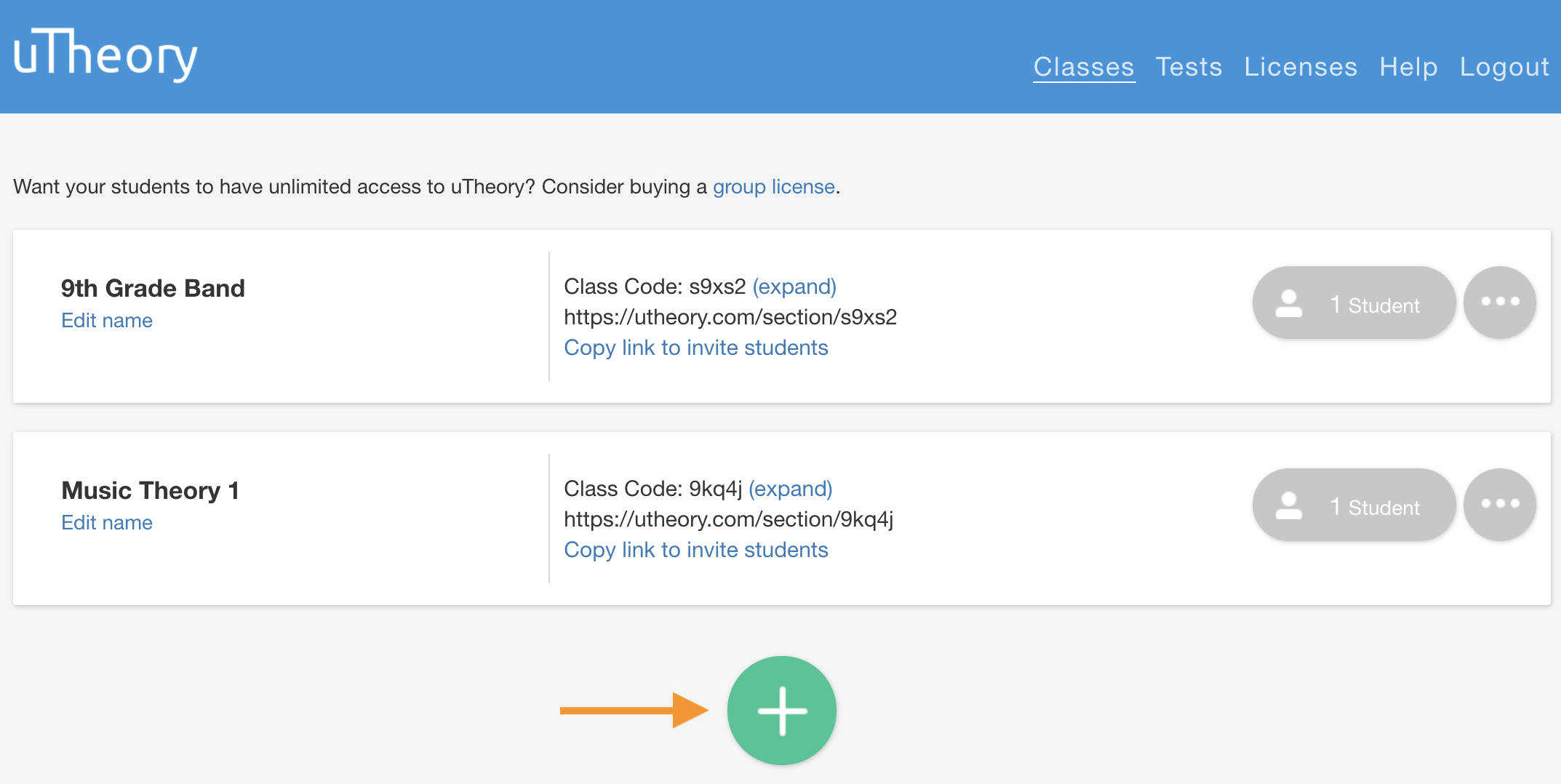 Image of round green button with plus sign, used to create a new class in uTheory